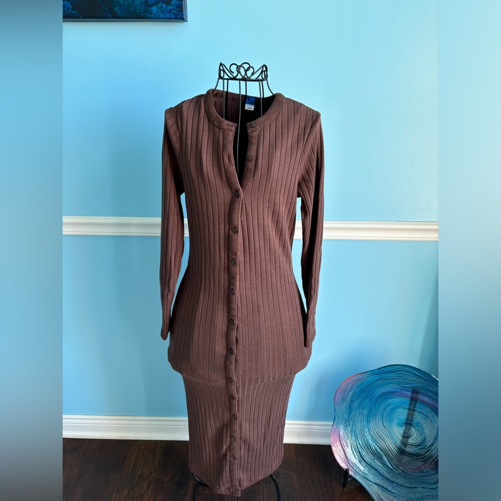 Button Down Brown Ribbed Dress